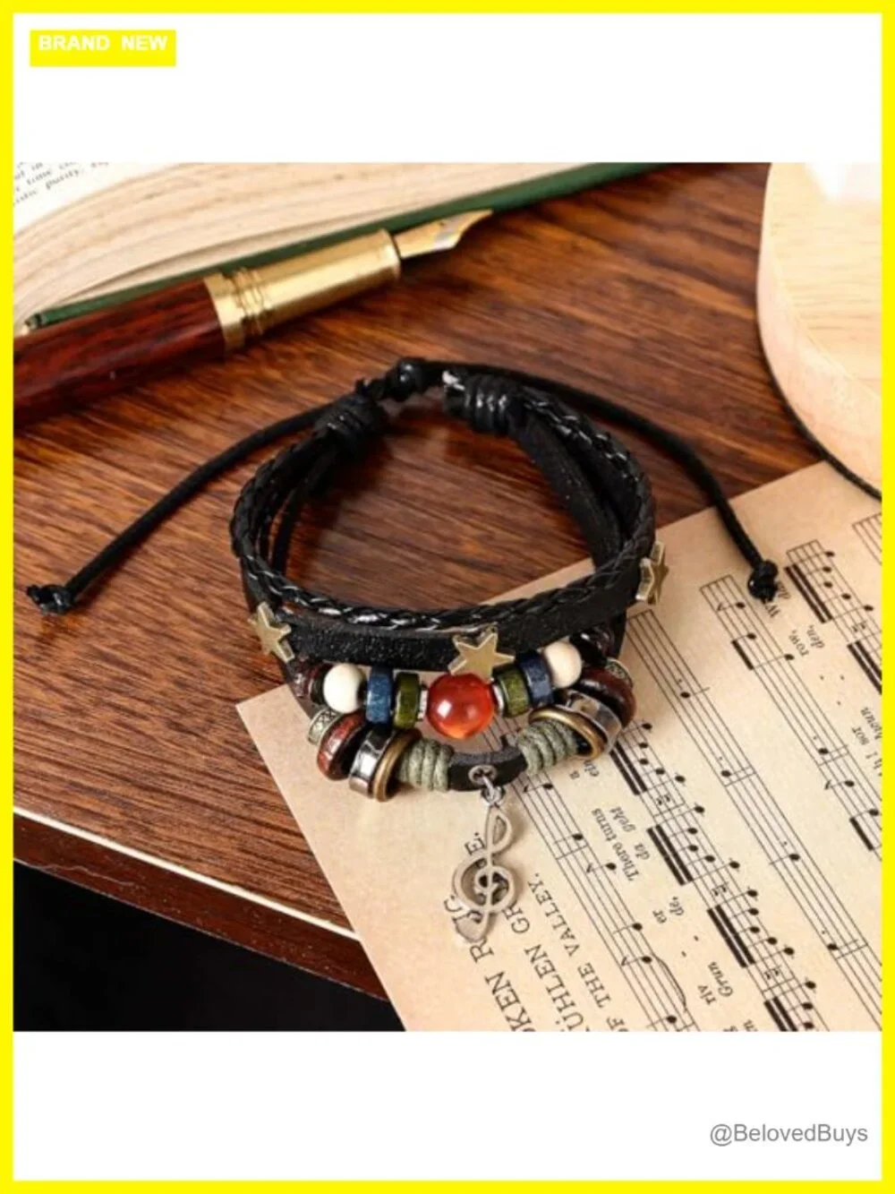 Punk Leather Music Bracelet Adjustable Cuff Wrap for Women Men